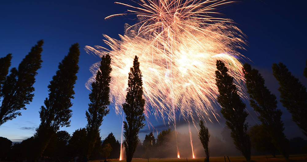 Gold coloured firework display at Lulworth castle in Wareham, Dorset