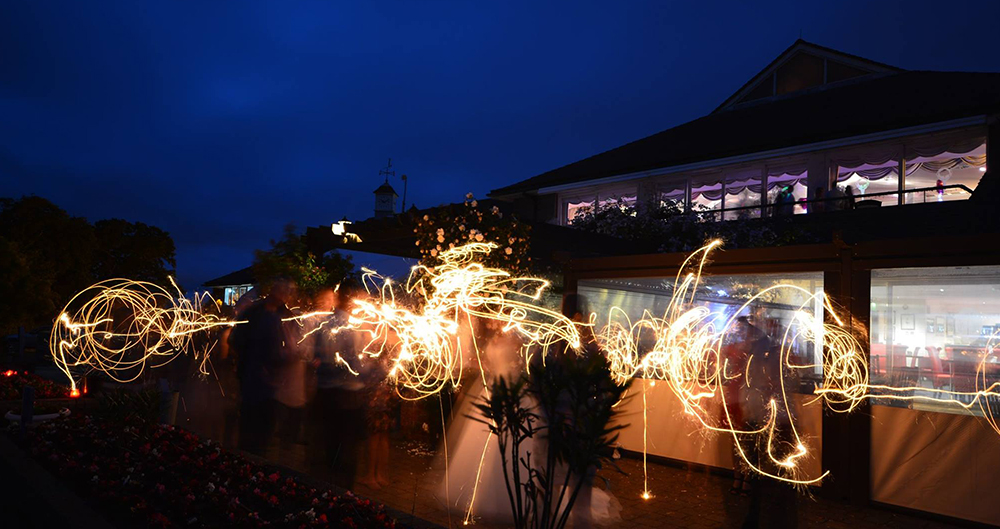 A wedding party enjoying their firework display